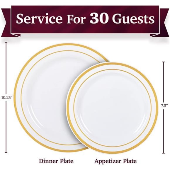 Cutlery Kingdom 60 Plastic Plates Disposable with White & Gold Rim - 30 Plates - Picture 2 of 7
